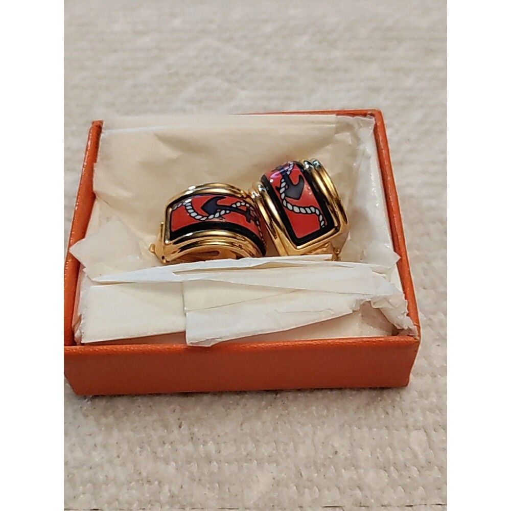 Hermes Nautical Clip On Earrings Gold Plated Cloisonne & Enamel Vintage - Picture 5 of 5